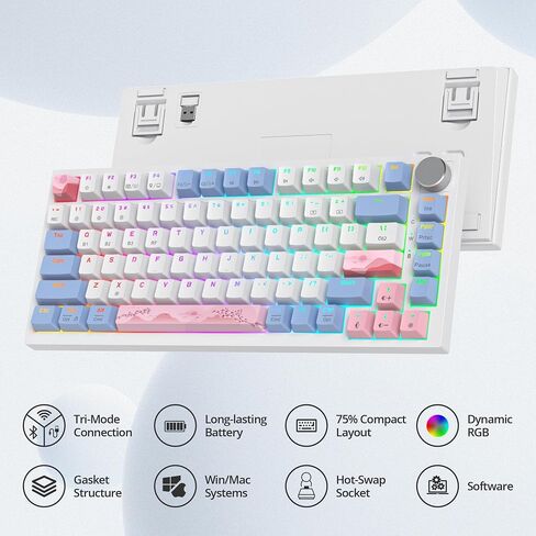 75% Wireless Creamy Pink Mechanical Keyboard, Hot Swappable Custom Keyboard, RGB Backlit Gasket Gaming Keyboard, 2.4G/BT5.0/USB-C Mechanical Keyboard, Pre-lubed Linear Gray Cream Switches in Saudi Arabia