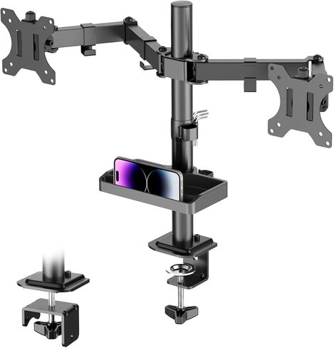 حامل شاشة مزدوج مع رف تخزين - حامل مكتبي للشاشة FORGING MOUNT لشاشتين كمبيوتر يصل حجمهما إلى 27 بوصة مع ارتفاع قابل للتعديل، دوار، إمالة، دوران، يتحمل ما يصل إلى 22 رطلًا للمنزل والمكتب والمدرسة in Kuwait