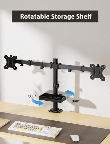 حامل شاشة مزدوج مع رف تخزين - حامل مكتبي للشاشة FORGING MOUNT لشاشتين كمبيوتر يصل حجمهما إلى 27 بوصة مع ارتفاع قابل للتعديل، دوار، إمالة، دوران، يتحمل ما يصل إلى 22 رطلًا للمنزل والمكتب والمدرسة in Kuwait