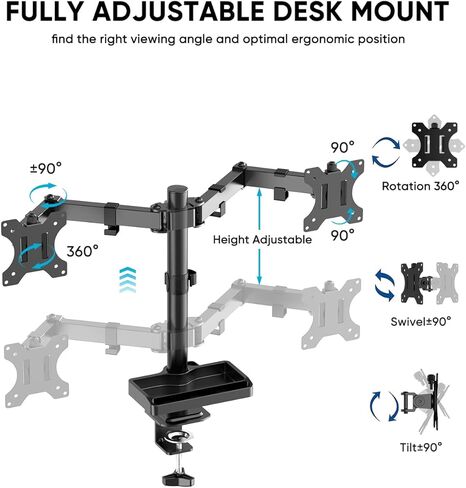 حامل شاشة مزدوج مع رف تخزين - حامل مكتبي للشاشة FORGING MOUNT لشاشتين كمبيوتر يصل حجمهما إلى 27 بوصة مع ارتفاع قابل للتعديل، دوار، إمالة، دوران، يتحمل ما يصل إلى 22 رطلًا للمنزل والمكتب والمدرسة in Kuwait