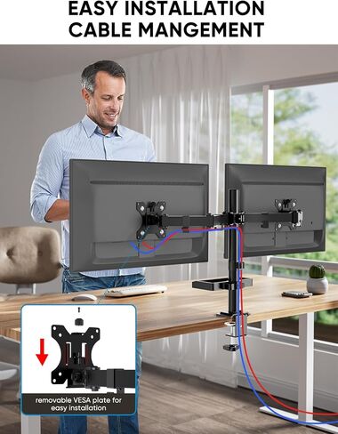 حامل شاشة مزدوج مع رف تخزين - حامل مكتبي للشاشة FORGING MOUNT لشاشتين كمبيوتر يصل حجمهما إلى 27 بوصة مع ارتفاع قابل للتعديل، دوار، إمالة، دوران، يتحمل ما يصل إلى 22 رطلًا للمنزل والمكتب والمدرسة in Kuwait