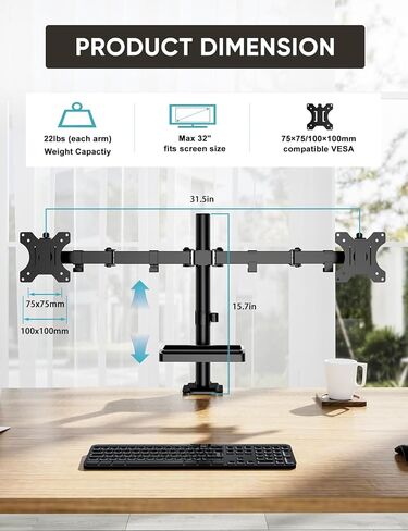 حامل شاشة مزدوج مع رف تخزين - حامل مكتبي للشاشة FORGING MOUNT لشاشتين كمبيوتر يصل حجمهما إلى 27 بوصة مع ارتفاع قابل للتعديل، دوار، إمالة، دوران، يتحمل ما يصل إلى 22 رطلًا للمنزل والمكتب والمدرسة in Kuwait