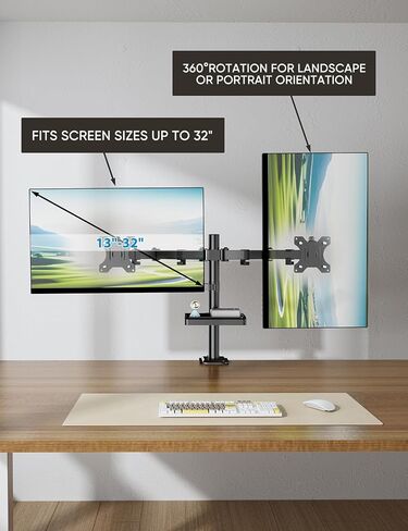 حامل شاشة مزدوج مع رف تخزين - حامل مكتبي للشاشة FORGING MOUNT لشاشتين كمبيوتر يصل حجمهما إلى 27 بوصة مع ارتفاع قابل للتعديل، دوار، إمالة، دوران، يتحمل ما يصل إلى 22 رطلًا للمنزل والمكتب والمدرسة in Kuwait