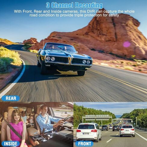 كاميرا داش كام أمامية وخلفية من 3 قنوات، 1080 بكسل فل اتش دي، كاميرا داش ثلاثية القنوات للسيارات مع رؤية ليلية فائقة الأشعة تحت الحمراء، WDR، مستشعر G، تسجيل حلقي، مراقبة وقوف السيارات، تسجيل 24 ساعة، دعم 32 جيجابايت كحد أقصى in Kuwait