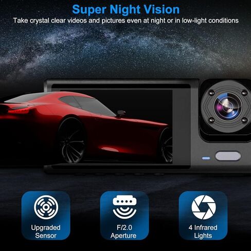 كاميرا داش كام أمامية وخلفية من 3 قنوات، 1080 بكسل فل اتش دي، كاميرا داش ثلاثية القنوات للسيارات مع رؤية ليلية فائقة الأشعة تحت الحمراء، WDR، مستشعر G، تسجيل حلقي، مراقبة وقوف السيارات، تسجيل 24 ساعة، دعم 32 جيجابايت كحد أقصى in Kuwait