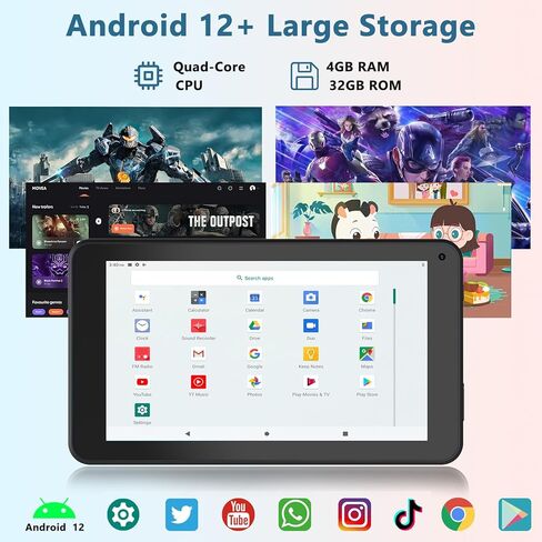 أجهزة لوحية Android 12، أجهزة لوحية مقاس 7 بوصات، 4+32 جيجابايت+1 تيرابايت (توسيع)، رباعي النواة، واي فاي، كاميرا مزدوجة، GMS، موسيقى، تعليمي (أسود) in Kuwait