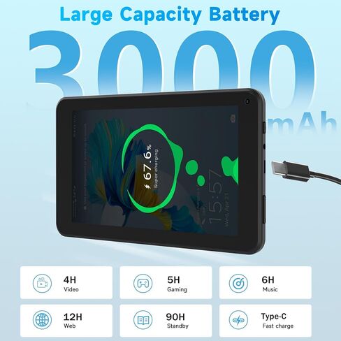 أجهزة لوحية Android 12، أجهزة لوحية مقاس 7 بوصات، 4+32 جيجابايت+1 تيرابايت (توسيع)، رباعي النواة، واي فاي، كاميرا مزدوجة، GMS، موسيقى، تعليمي (أسود) in Kuwait