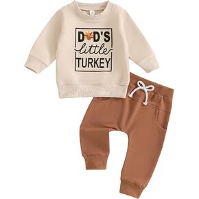 Lesimsam Toddler Baby Boy Thanksgiving Outfit Dad's/Mom's Little Turkey Long Sleeve Sweatshirt Top and Jogger Pants Set