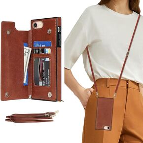 DEFBSC Compatible with iPhone 7 Plus/8 Plus Case, Crossbody Wallet Case, Adjustable Detachable Lanyard Neck Strap with Kickstand Leather Card Holder Protective Cover-Brown