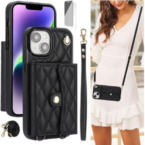 RE-C Crossbody Wallet Case for iPhone15【+2*Screen Protectors】 6.1" Lanyard Crossbody/Wrist Strap, RFID Blocking,4 Card Slots, Women PU Leather Purse Kickstand(Beige, iPhone 15)