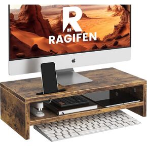 Wood Monitor Stand for Desk, 2 Tier Anti-slip Monitor Riser for Desktop with Phone Slot, Sturdy Computer Stand with Storage Shelves, Sturdy Laptop Riser Monitor Shelf, Easy to Assemble, Rustic Brown