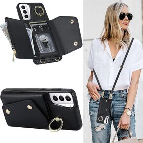 for Samsung Galaxy S21 Plus Case for Women, Crossbody Wallet Case with Credit Card Holder Lanyard Shockproof Purse Kickstand Case for Samsung Galaxy S21 Plus.Crossbody Black