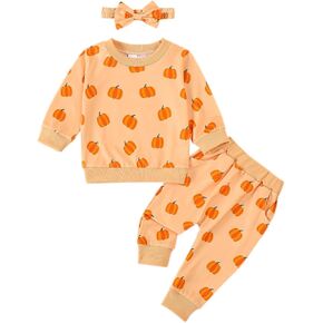 Toddler Baby Girl Halloween Outfit Pumpkin Sweatshirt Pullover Tops Long Pants Sweatsuits Fall Winter Clothes