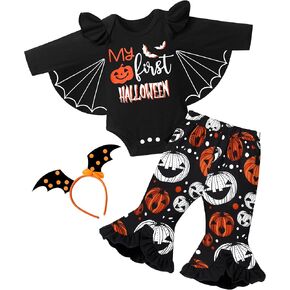 My First Hallo Ween Outfit Girl Batwing Baby Girl Hallo Ween Outfit Long Sleeve Romper Flare Pants Headband 3Pcs Set