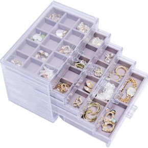 Earring Grey Jewelry Box with 5 Drawers, Gray Stackable Large Jewelry Storage Case, Clear Acrylic Jewelry Organizer with Velvet Trays for Women