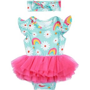 Baby Girl Tulle Romper Dress with Headband, Soft Bamboo Viscose Summer Clothes for Infant