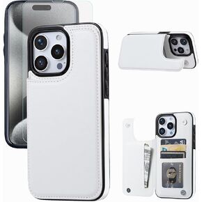 Wallet Case Compatible with iPhone 15 Pro Max(6.7"),Slim Protective case with Card Holder with 1 Screen Protective Glass,Premium PU Leather Kickstand Card Slots Case-White
