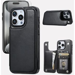 Wallet Case Compatible with iPhone 15 Pro Max(6.7"),Slim Protective case with Card Holder with 1 Screen Protective Glass,Premium PU Leather Kickstand Card Slots Case-White