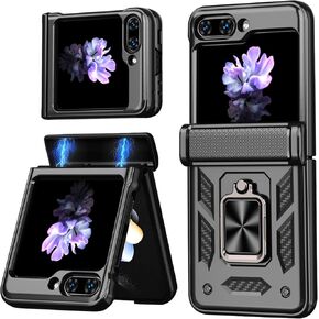 for Samsung Galaxy Z Flip 5 5G Case with Hinge Protection,Slide Camera Cover Heavy Duty Military Drop Cases Ring Kickstand Magnetic Car Mount Shockproof Bumper Phone Case for Galaxy Z Flip 5 5G Black
