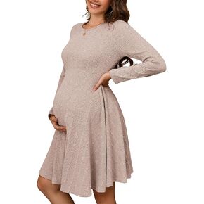 Maternity Sweater Dress Ribbed Knit Round Neck Long Sleeve Fall Midi Dress Baby Shower Photoshoot