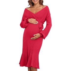 V FOR CITY Maternity Sweater Dress Women Fall Wrap V Neck Pleated A Line Waist with Belt Pregnancy Photoshoot Baby Shower