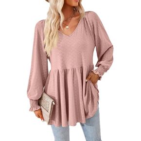 AliChan Women's Smocked Tunic Bubble Long Sleeve V Neck Tops Dressy Pleated T-Shirts