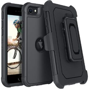 DUEDUE Case for iPhone SE 2022/2020 Case, Military Grade Shockproof Drop Protection Heavy Duty Full Body Rugged Cover with Kickstand Belt Clip Holster for iPhone SE2 3nd/2nd Generation 4.7 inch, Black