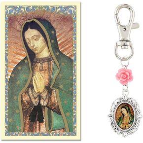 مشبك سلسلة المفاتيح سيدة غوادالوبي مع سحر الخرزة الكريستالية الملاك الأزرق الفاتح ودلاية عذراء غوادالوبي. تتضمن بطاقة صلاة سيدة غوادالوبي in Kuwait