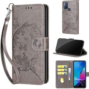 Designed for Motorola Moto G Play 2023 Case Wallet,Women Flip Folio Cover with Embossed PU Leather Stand Credit Card Holders Slots Wrist Strap Phone Case for Moto G Play 2023 (Rose Gold Butterfly)