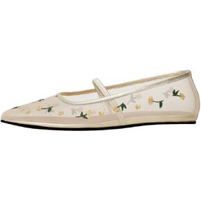 MAVMAX Mesh Ballet Flats for Women Tulle Floral Embroidered Mary Jane Ballerina Round Toe Comfortable Daily Dress Shoes with Strap