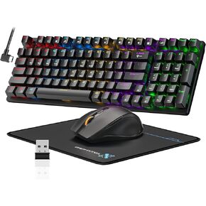 Wireless Mechanical Gaming Keyboard and Mouse Combo, 98 Keys RGB Backlit Brown Switch, Ergonomic Wireless Gaming Mouse and Mouse Pad, 3-Mode USB-C/2.4G/BT5.0, Full Anti-Ghosting for PC Laptop Gamer