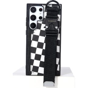 Desgin Skin Strap Case Compatible with S23 Ultra Buckle Hand Strap Case, One Card Slot with D-Ring - Buckle Strap (Checker Board)