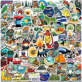 100Pcs Camping Stickers, Outdoor Adventure Stickers and Decals, Vinyl Waterproof Travel Hiking Stickers for Water Bottles Laptop Luggage Cup Surfboard, Handy Scrapbook Stickers for Adults Girls Kids