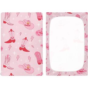 VIGTRO Baby Crib Sheets for Girls Wash Easily, Retro Cowgirl Breathable Soft Fitted Crib Playard Sheets Pink Baby Mattress Sheet, M 52x28x9in