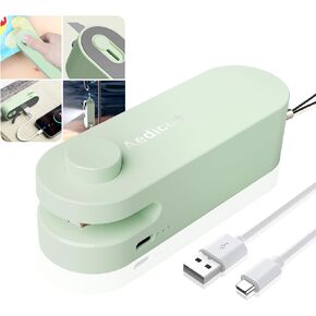 Mini Bag Sealer, 2 in 1 USB Rechargeable Chip Bag Sealer Heat Seal, Bag Sealer Heat Seal with Cutter, Portable Bag Resealer for Plastic Bags Snacks & Food Storage(Green)