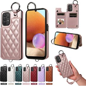 Wallet Cover for Samsung Galaxy A32 4G 6.4 inch with Detachable Wrist Strap PU Leather Credit Casd Holder Slots Ring Buckle Flip Purse Phone Case for A 32 32A S32 G4 SM-A325M/D Women Brown