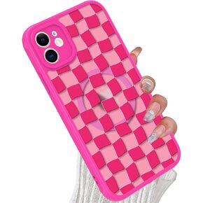 Magnetic for iPhone 12 Pro Max Case Hot Pink Grids Plaid Checkerboard [Compatible with MagSafe] Slim Translucent Matte Camera Lens Protection Case for iPhone 12 Pro max, Hot Pink (6.7")