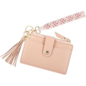 LAXPICOL Purple Wristlet Macrame Keychain Pocket Credit Card Holder Purse Tassel Handmade Keychain With Braided Cotton Cord Bracelet Keyring Keychain For Women