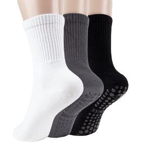 Ivyhouse Pilates Yoga Socks with Grips for Women - Crew Length Ballet Barre Socks - Sticky Workout Hospital Socks, Black, White, Dark Gray