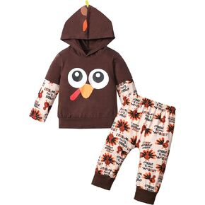 WIQI Toddler Baby Boy Thanksgiving Outfit Turkey Print Pants Thanksgiving Outfits 2pcs Hoodie Clothing Set 12M-5T