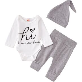 CM C&M WODRO Newborn Boy Girl Clothes Baby Coming Home Hospital Outfits I'm New Here Letter Print Bodysuit Romper Pants Hat