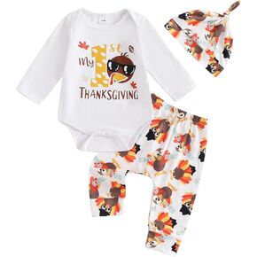 Baby Boy Girl My 1st Thanksgiving Outfit 0-3 6 12 18 Months Long Sleeve Romper Turkey Pants Hat Set Infant Clothes