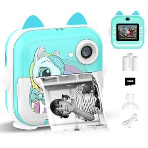 Instant Print Camera for Kids, Christmas Birthday Gifts for Girls Boys, Selfie Digital Camera with 1080P Videos, Portable Travel Camera Toy for 6+ Years Old Girl with Print Paper & 32G Card