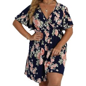 Floerns Women's Plus Size Striped Print Wrap V Neck Short Sleeve A Line Dress Black Ink Floral 5XL