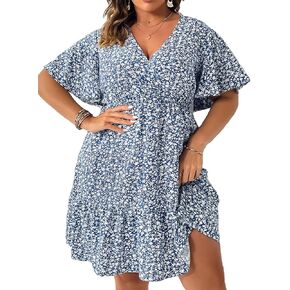 Floerns Women's Plus Size Striped Print Wrap V Neck Short Sleeve A Line Dress Black Ink Floral 5XL