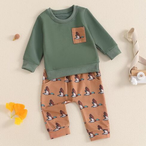 Kids Baby Boys Duck Hunter Clothes Mallard Duck Sweatshirt Pullover Solid Color Pant 2Pcs Toddler Hunting Baby Outfit in Saudi Arabia
