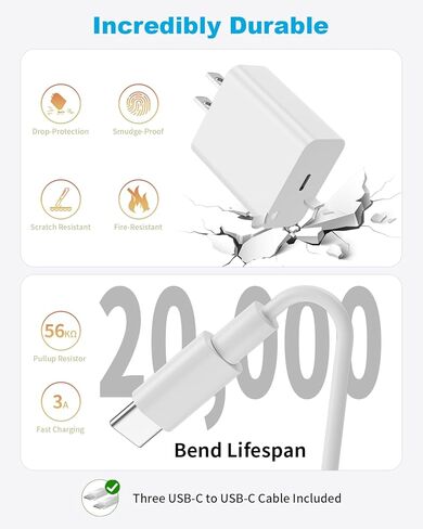 شاحن USB C لشاحن iPhone 15 شحن سريع 3 عبوات 20 واط من النوع C كتلة شاحن حائط مع كابل USB C بطول 6 أقدام متوافق مع iPhone 16/15 Plus/15 Pro/15 Pro Max وiPad Pro/Air/Mini وGalaxy وAirPods Pro in Kuwait