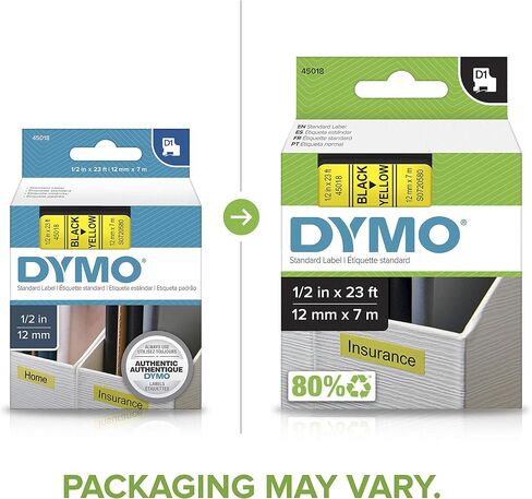 شريط ملصقات DYMO Standard D1 43610 (طباعة سوداء على شريط شفاف، 1/4 بوصة عرض × 23 بوصة طول، 1 خرطوشة)، DYMO أصلي in Saudi Arabia