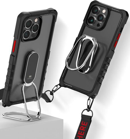 حامل حلقي قوي بمسند 360 درجة من GOOSPERY Z متوافق مع جراب iPhone 14 Pro Max [يتضمن الحزام] هيكل مزدوج الطبقات من مادة TPU وغطاء شفاف كريستالي مع حزام كتف، أسود in Kuwait