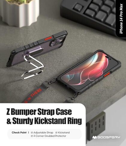 حامل حلقي قوي بمسند 360 درجة من GOOSPERY Z متوافق مع جراب iPhone 14 Pro Max [يتضمن الحزام] هيكل مزدوج الطبقات من مادة TPU وغطاء شفاف كريستالي مع حزام كتف، أسود in Kuwait